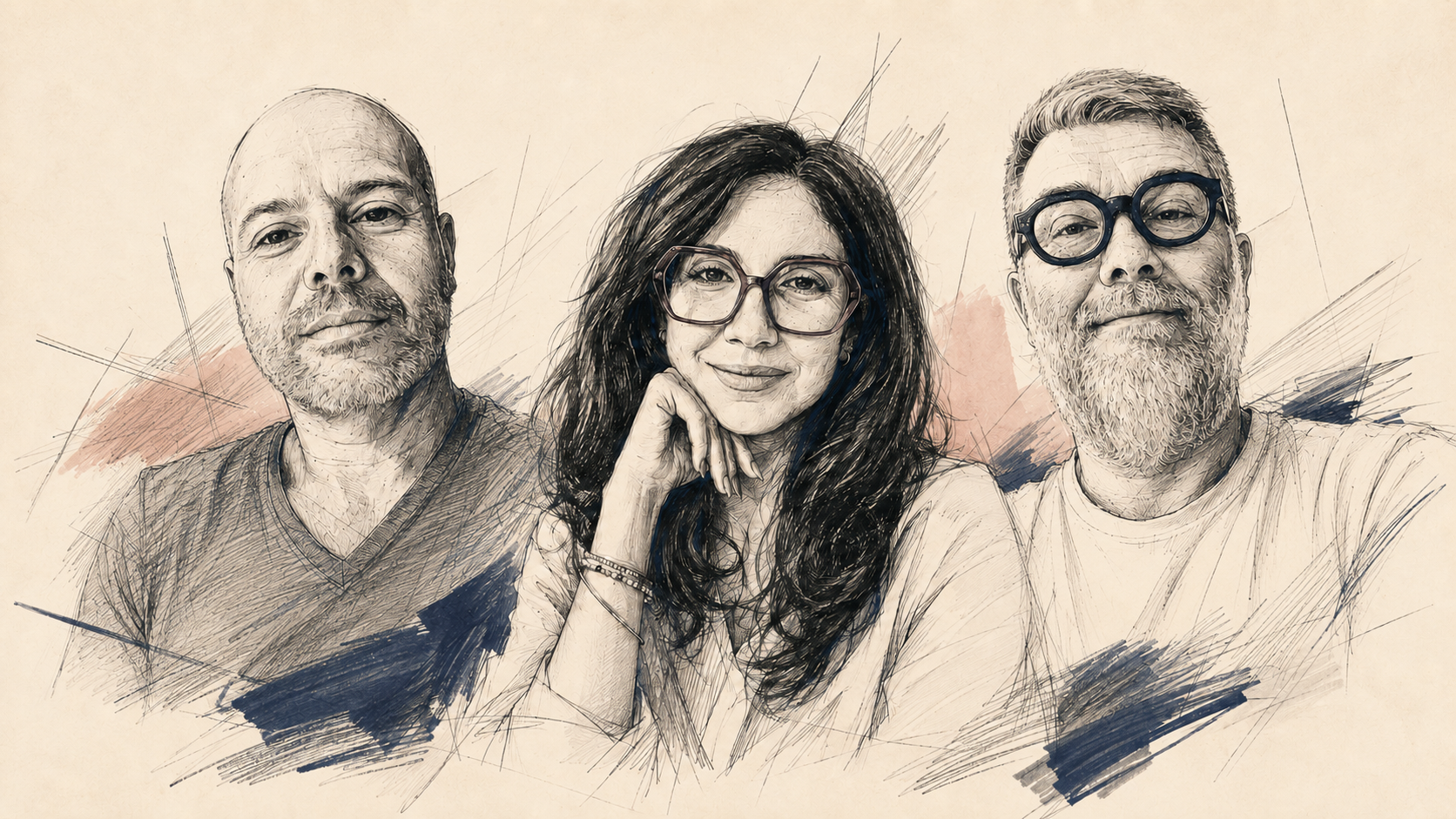 Ritratto illustrato dei soci Koro: Robertino Vicentini, Linda Bighellini e Stefano Toffoli